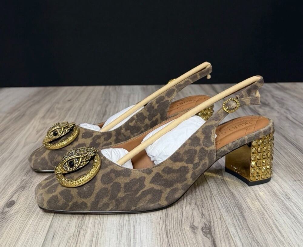 Kurt Geiger London Chelsea Block Slingback Leopard Suede Heels Womens 9.5 NEW